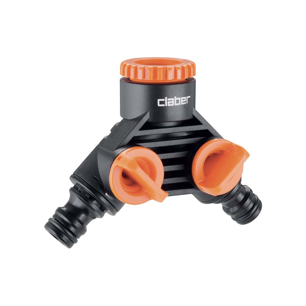 Claber Double Tap Connector | 2-Way Faucet Splitter with Independent Shut-Off Valves 8599