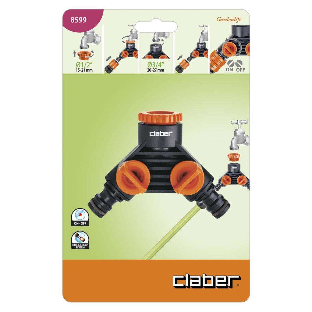 Claber Double Tap Connector | 2-Way Faucet Splitter with Independent Shut-Off Valves 8599