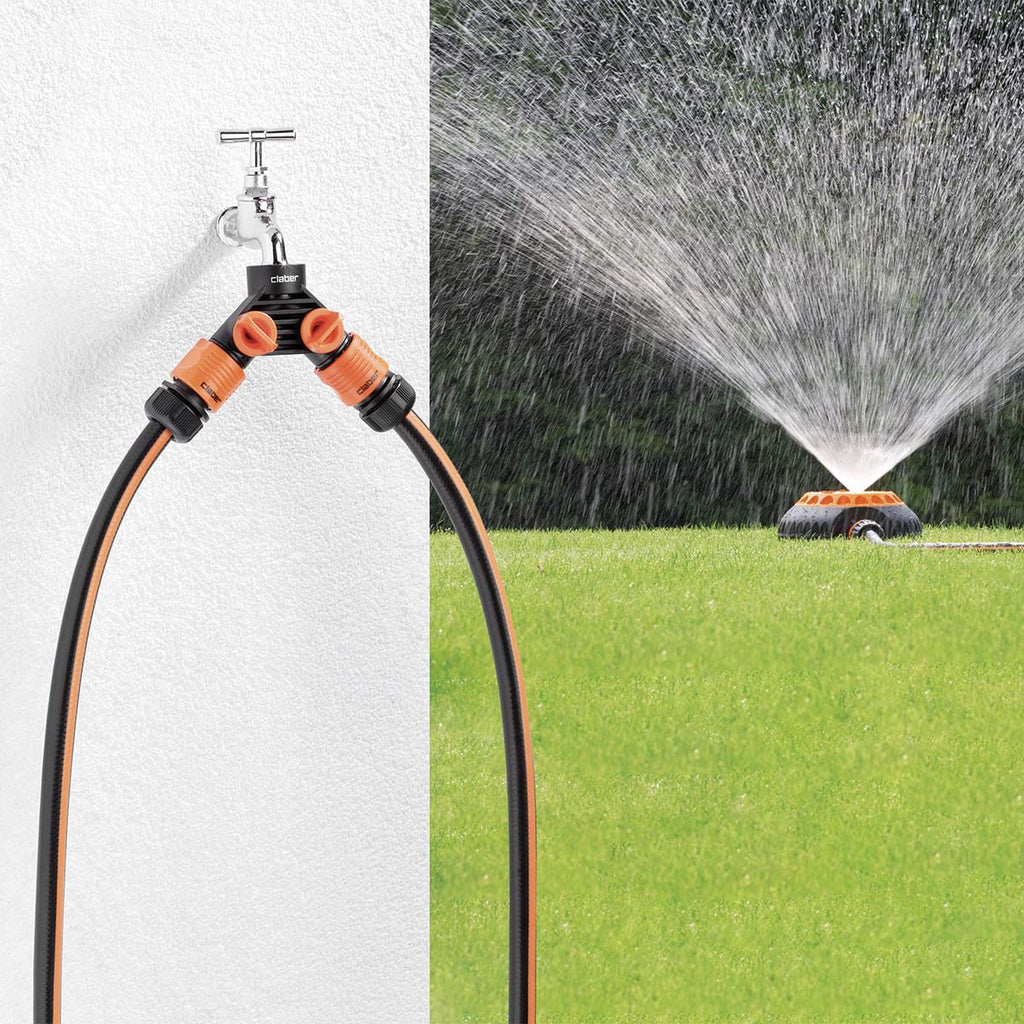 Claber Double Tap Connector | 2-Way Faucet Splitter with Independent Shut-Off Valves 8599