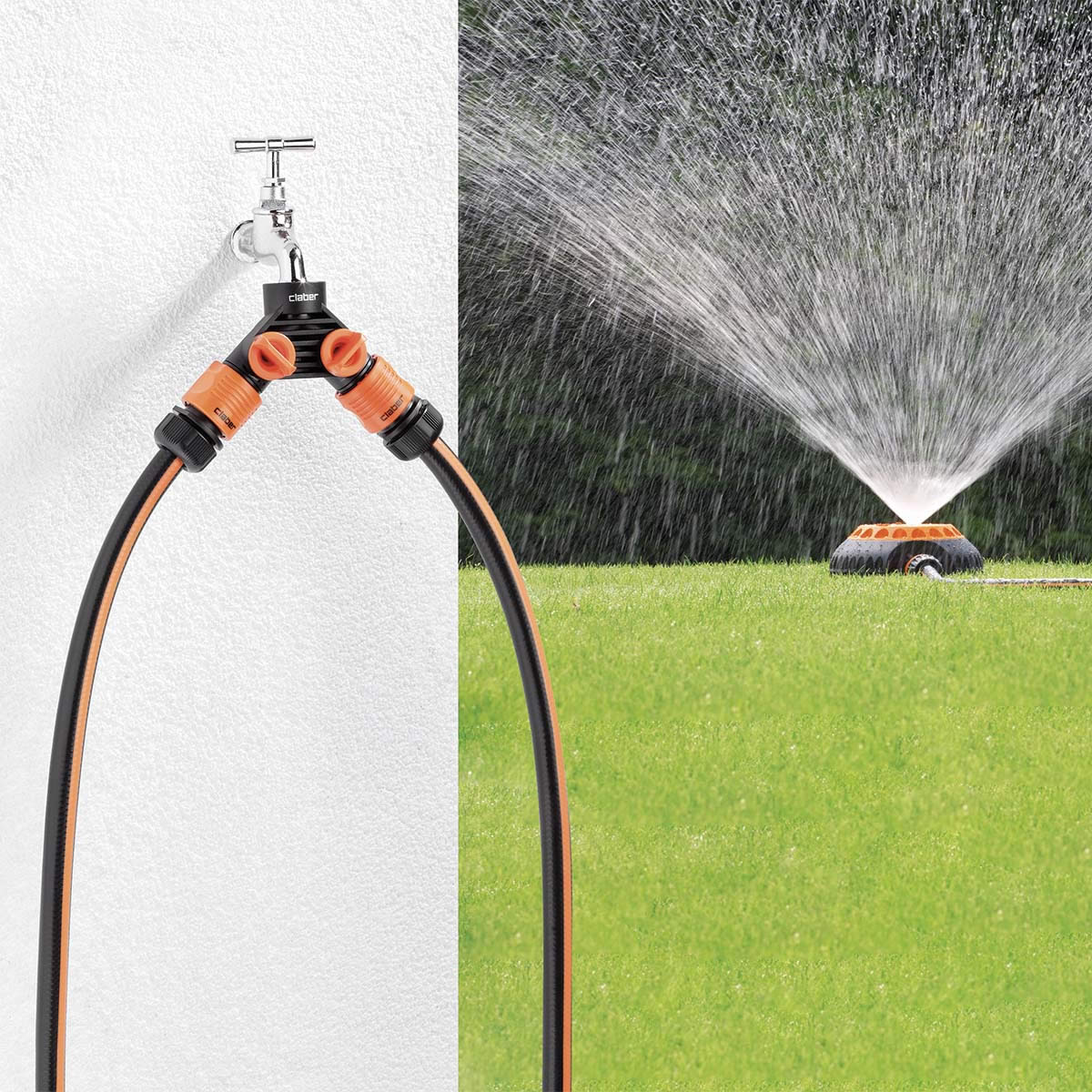 Claber Double Tap Connector | 2-Way Faucet Splitter with Independent Shut-Off Valves 8599