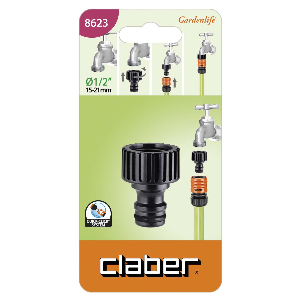 Claber 1/2" Threaded Tap Connector | Quick-Click Faucet Adapter 8622