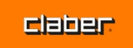 The Claber logo, featuring the brand name in white stylized lowercase letters with a black outline on a solid orange background.